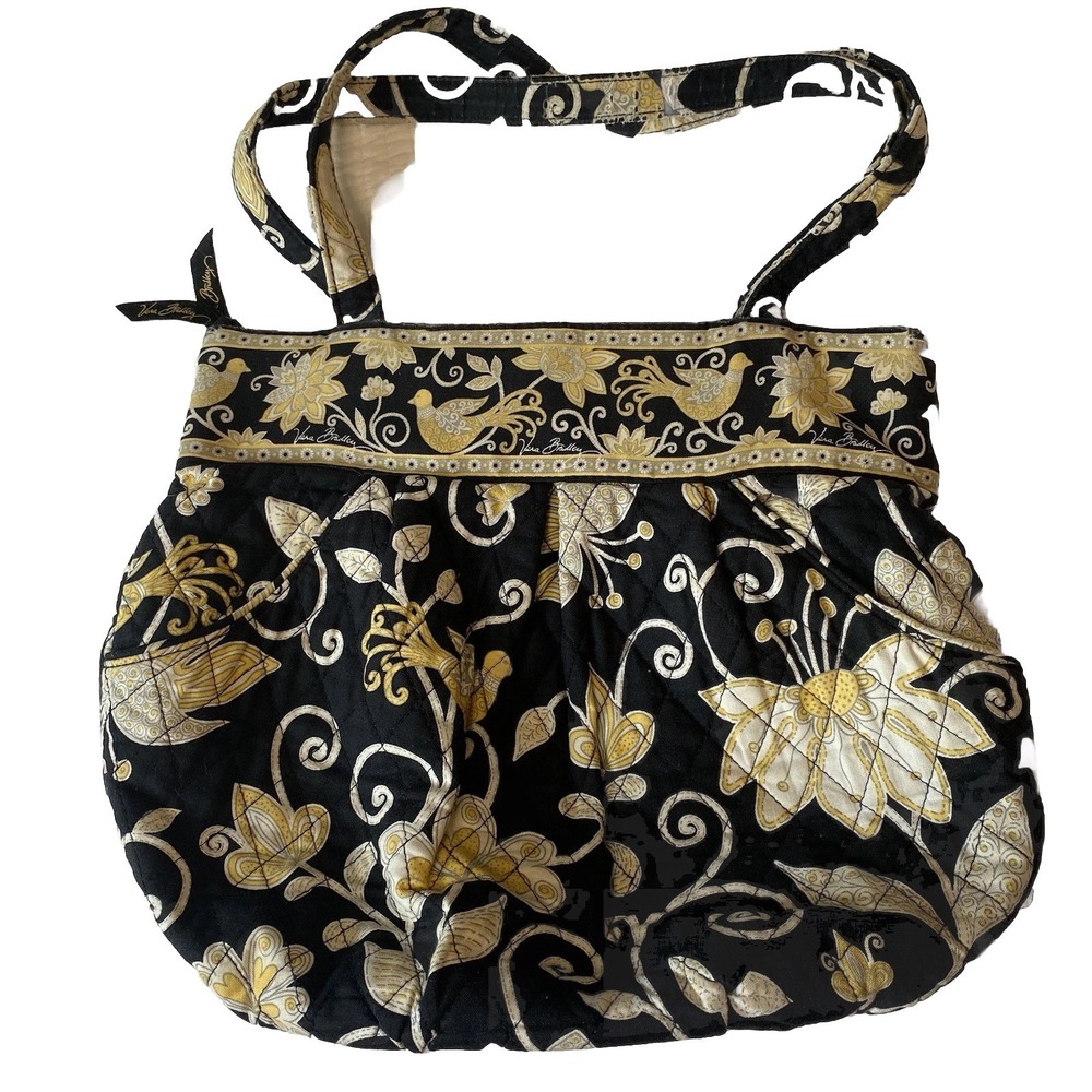 Vera Bradley Yellow Bird Tote Bag Zippered Shoulder Purse Black Yellow White